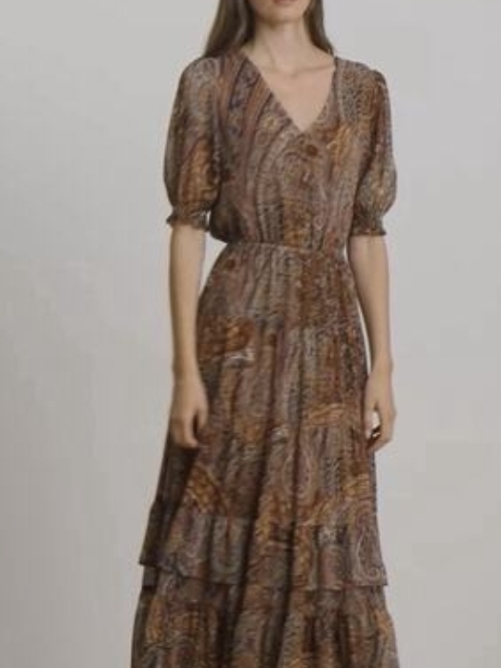 Lauren Ralph Lauren Brown Paisley Tiered V-Neck Maxi Dress